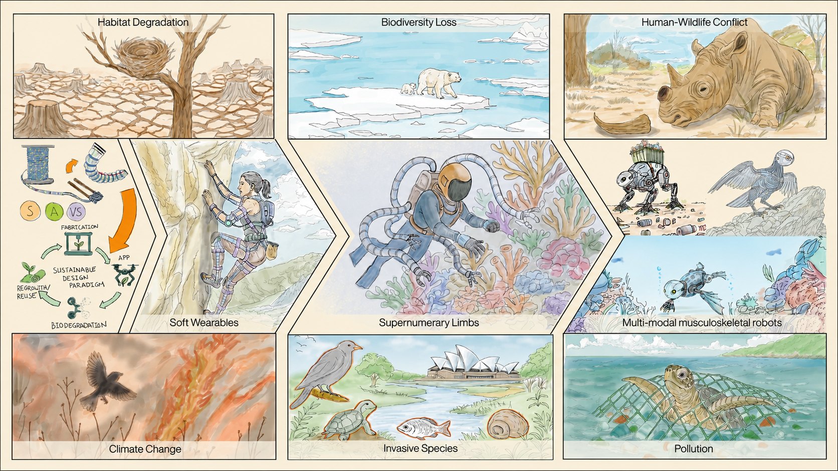 Illustrated overview of Pham Huy Nguyen's research vision: environmental challenges (habitat degradation, biodiversity loss, human-wildlife conflict, climate change, invasive species, pollution) addressed through three robotic platforms — soft wearables, supernumerary limbs, and multi-modal musculoskeletal robots — built on a sustainable design paradigm.